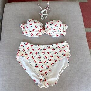Kate Spade Cherry Toss Bikini Moulded Bandeau Halter Top & High Waist Bottoms L